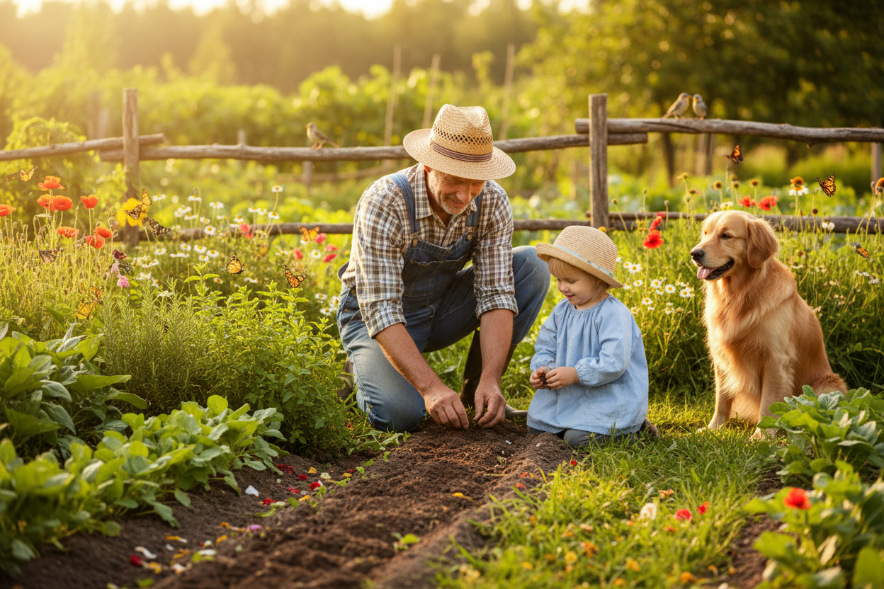 Realistic garden photo with people and animals